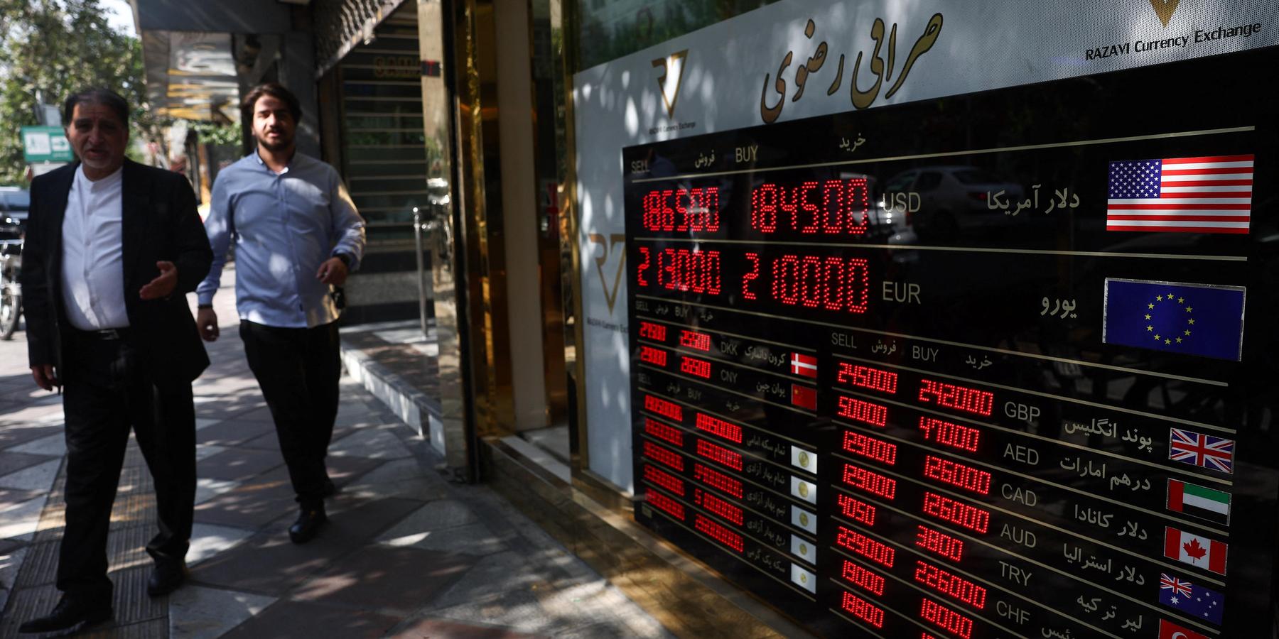A display shows currency exchange information, in the Grand Bazaar in Tehran, Iran, August 17, 2026.