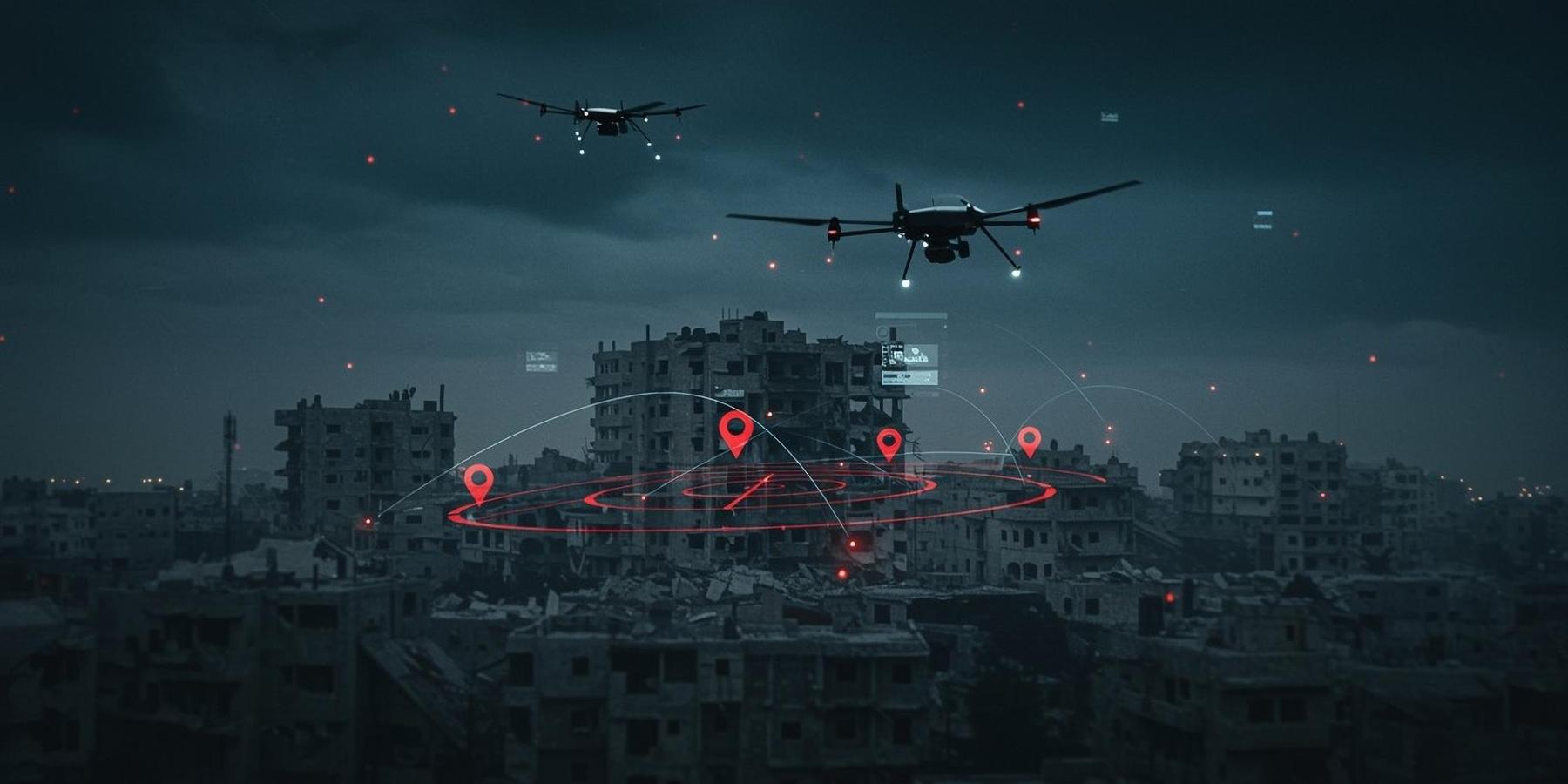 A drone flying over a destroyed urban area in Gaza, with atmospheric, dramatic lighting