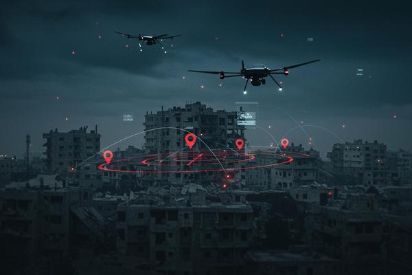 A drone flying over a destroyed urban area in Gaza, with atmospheric, dramatic lighting