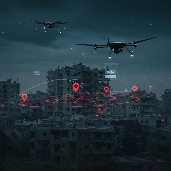 A drone flying over a destroyed urban area in Gaza, with atmospheric, dramatic lighting