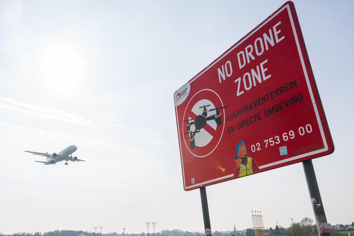 A ''No drone zone'' warning sign at Brussels Airport in Brussels, Belgium, on March 20, 2026