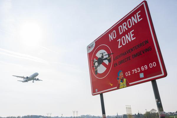 A ''No drone zone'' warning sign at Brussels Airport in Brussels, Belgium, on March 20, 2026