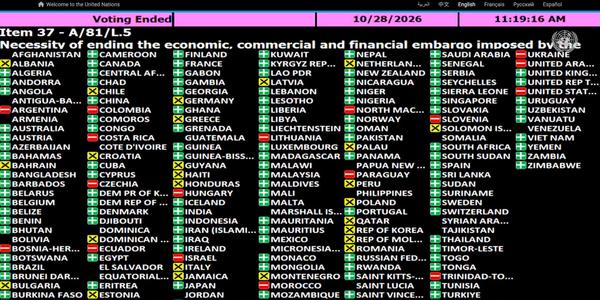 A table showing the tally of the 2026 UN vote over the embargo on Cuba