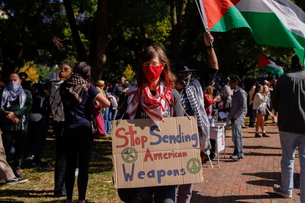 A woman participates in a protest and holds up a sign saying "stop sending American weapons"