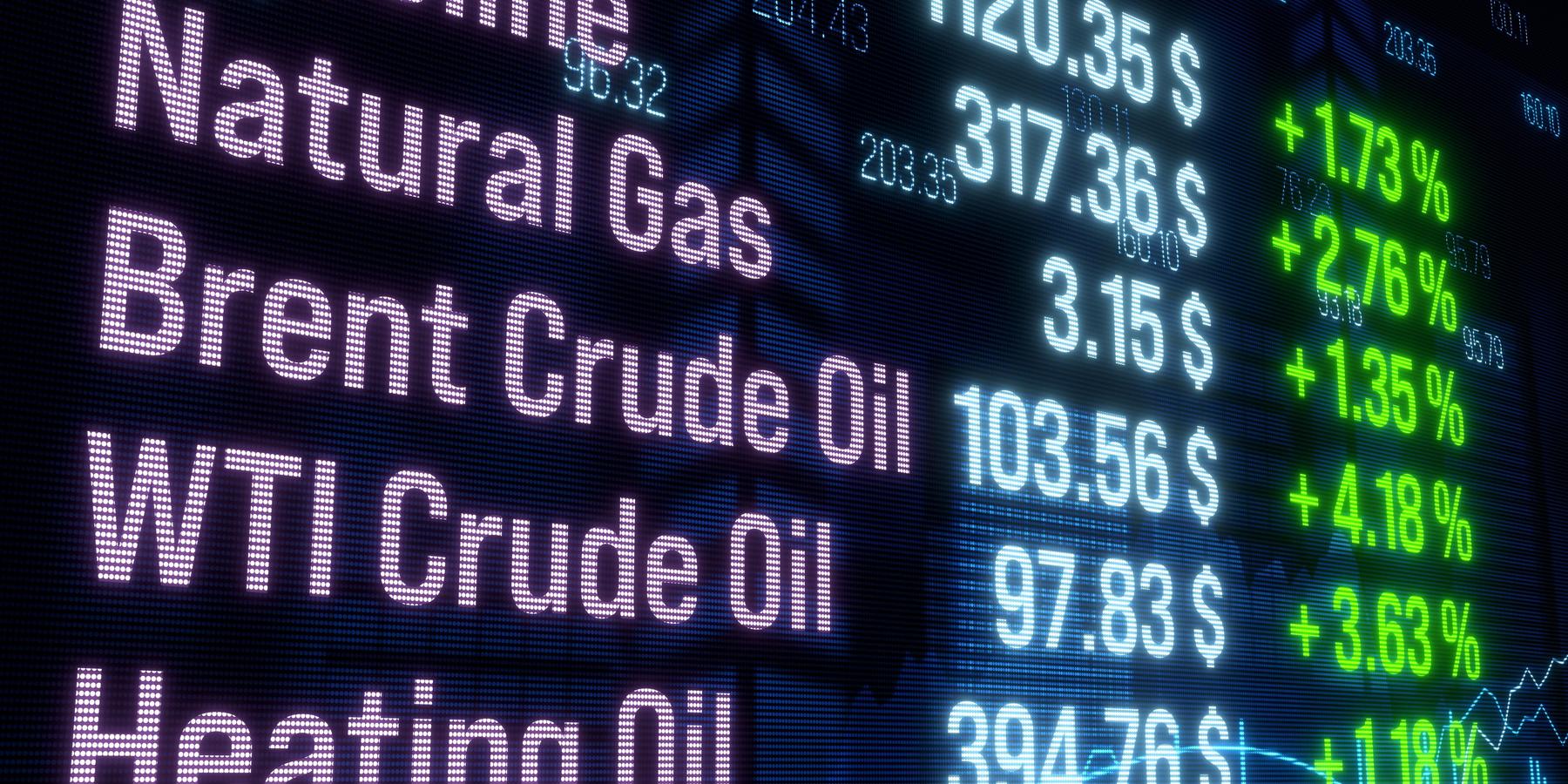An illustration showing the prices of various commodities, including Brent crude oil and natural gas