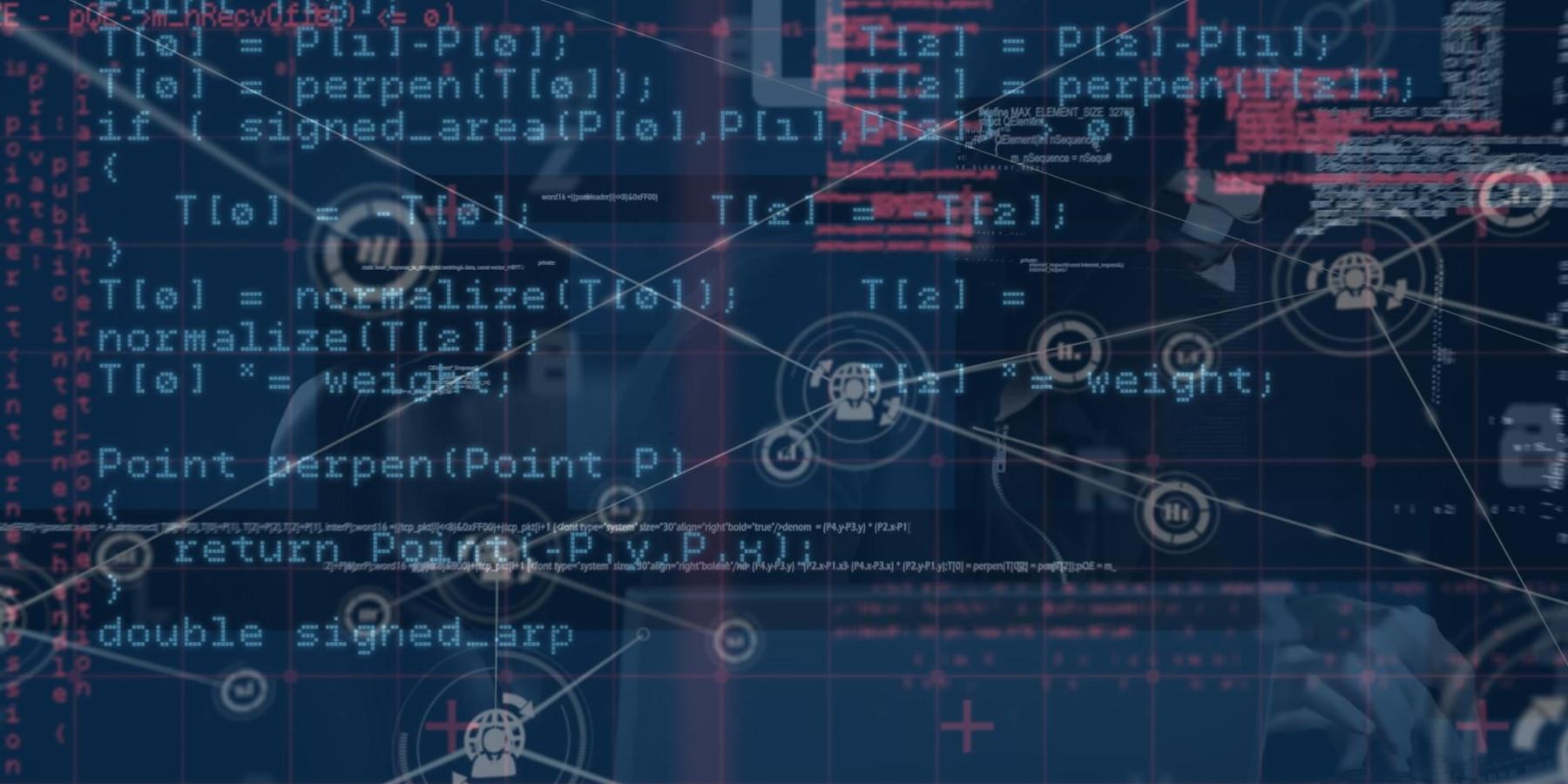 An image shows computer code on top of a blue background with various connected nodes