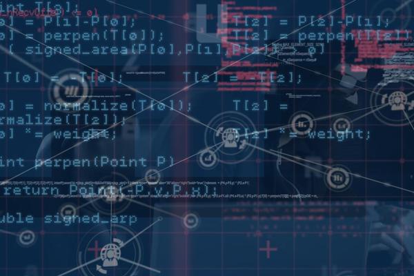 An image shows computer code on top of a blue background with various connected nodes