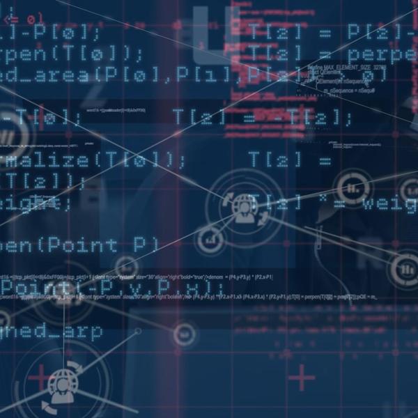 An image shows computer code on top of a blue background with various connected nodes