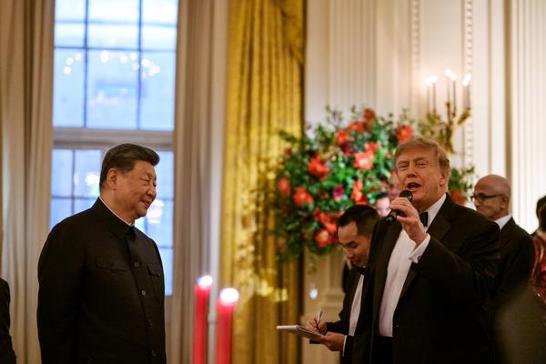 Donald Trump speaks into a microphone as Xi Jinping listens nearby