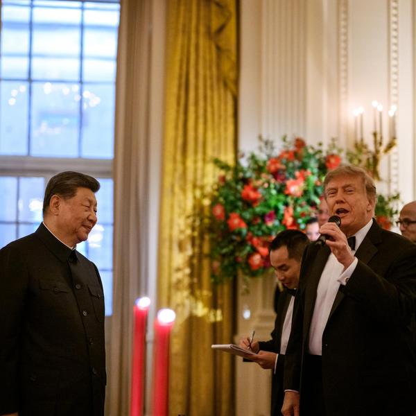 Donald Trump speaks into a microphone as Xi Jinping listens nearby