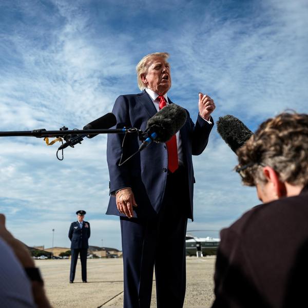 Donald Trump with reporters