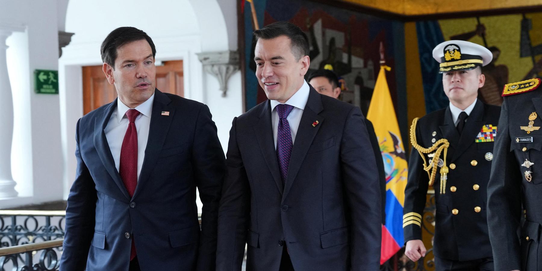 Ecuador’s President Daniel Noboa walks with U.S. Secretary of State Marco Rubio at the Carondelet Palace in Quito, Ecuador