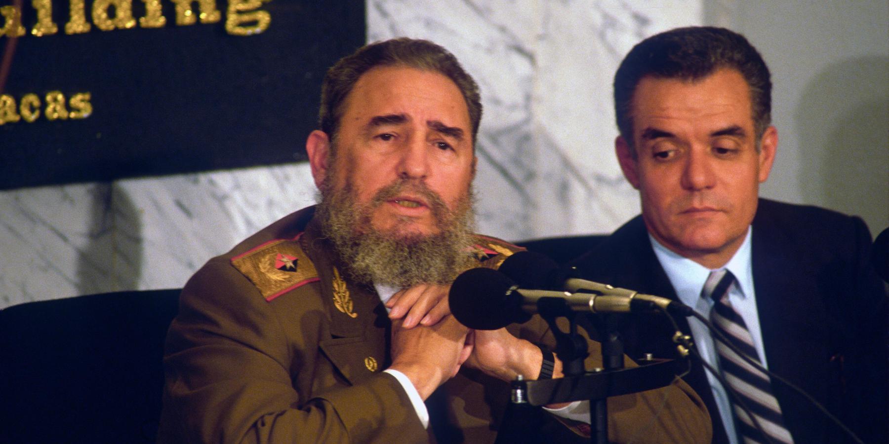 Former Cuban President Fidel Castro speaks during a press conference in Caracas, Venezuela, in February 1989