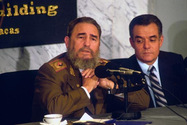 Former Cuban President Fidel Castro speaks during a press conference in Caracas, Venezuela, in February 1989