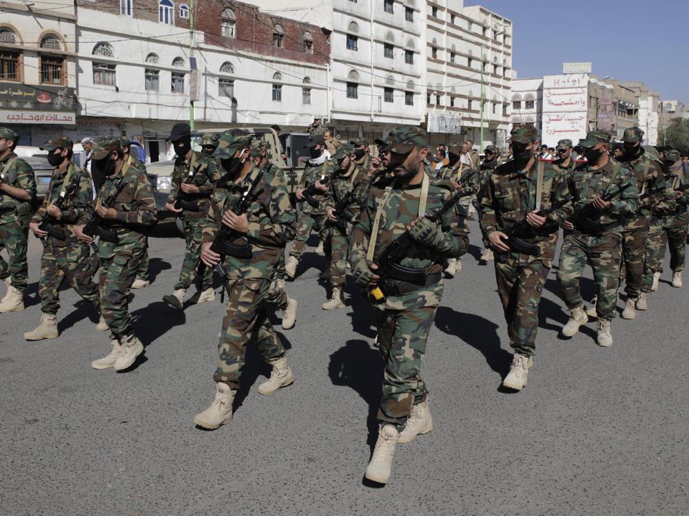 Houthi fighters parade in Sana a amid tensions with USA and Israel in 2024