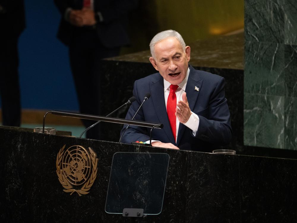 Israeli Prime Minister Benjamin Netanyahu gives a speech during the 2026 UN General Assembly session