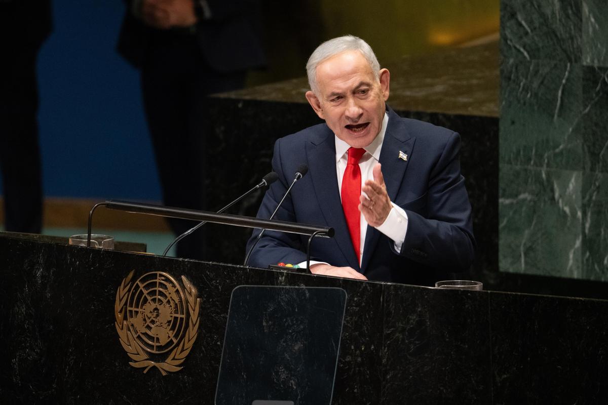 Israeli Prime Minister Benjamin Netanyahu gives a speech during the 2026 UN General Assembly session