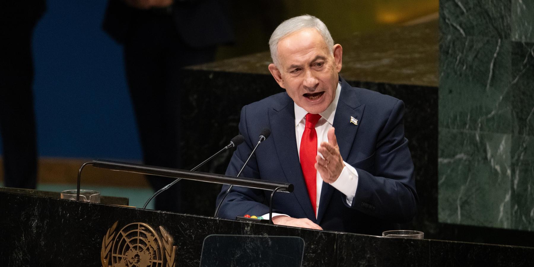 Israeli Prime Minister Benjamin Netanyahu gives a speech during the 2026 UN General Assembly session
