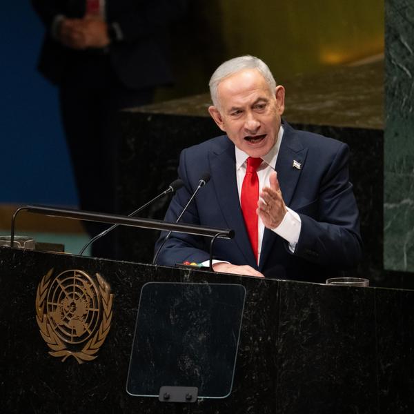 Israeli Prime Minister Benjamin Netanyahu gives a speech during the 2026 UN General Assembly session