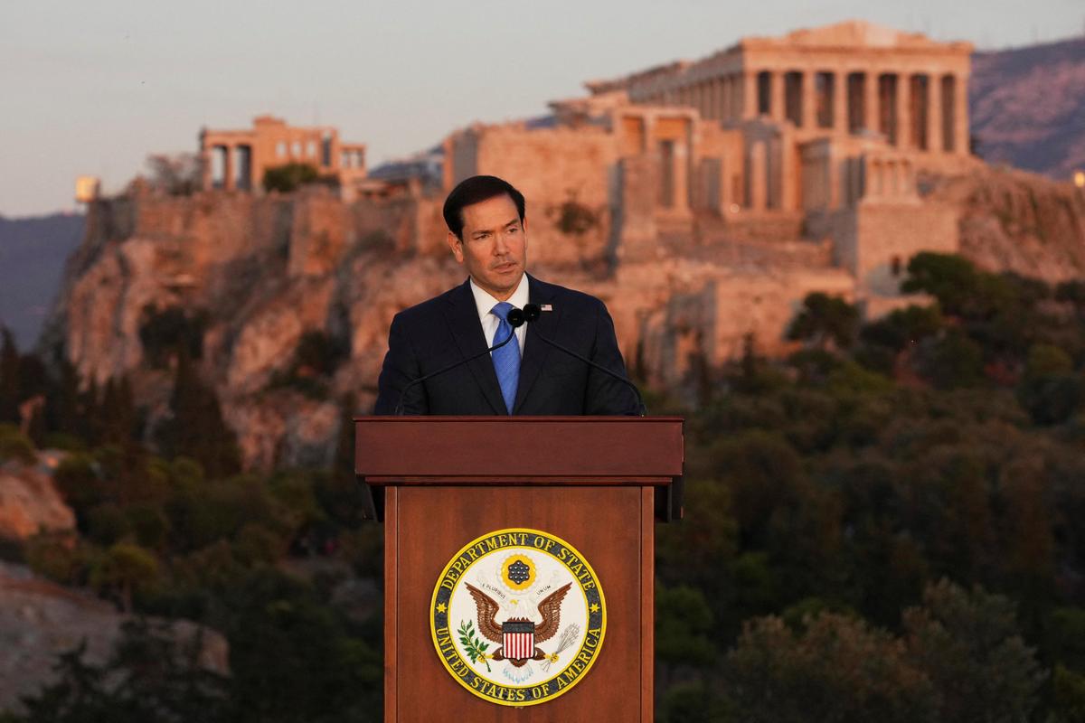 Marco Rubio speaks at the Pnyx hill, where ancient Athenians held democratic assemblies, with the ancient Parthenon temple atop the Acropolis in the background