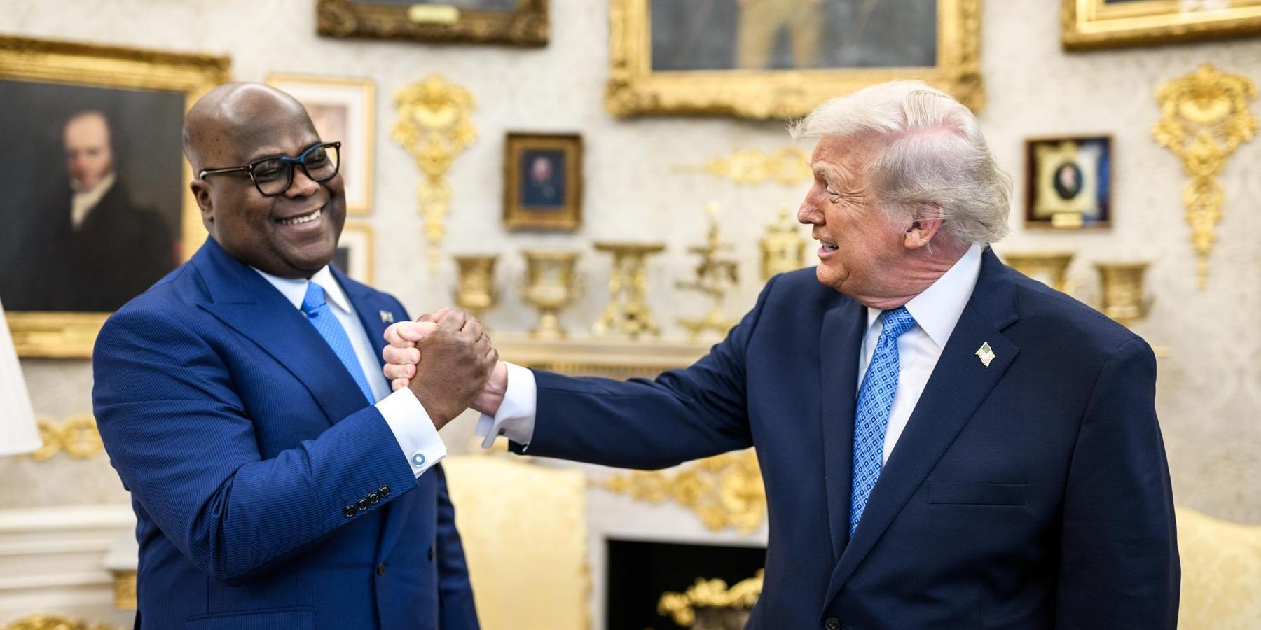 President Donald Trump greets President Felix Tshisekedi of the Democratic Republic of the Congo in the Oval Office.