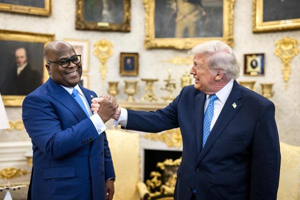 President Donald Trump greets President Felix Tshisekedi of the Democratic Republic of the Congo in the Oval Office.
