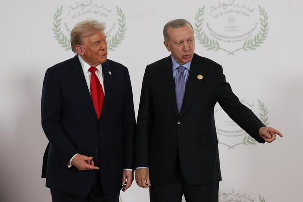 President Donald Trump greets Turkey's President Recep Tayyip Erdogan during a summit on Gaza in Sharm el-Sheikh, Egypt, on October 13, 2025