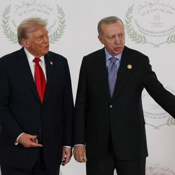President Donald Trump greets Turkey's President Recep Tayyip Erdogan during a summit on Gaza in Sharm el-Sheikh, Egypt, on October 13, 2025