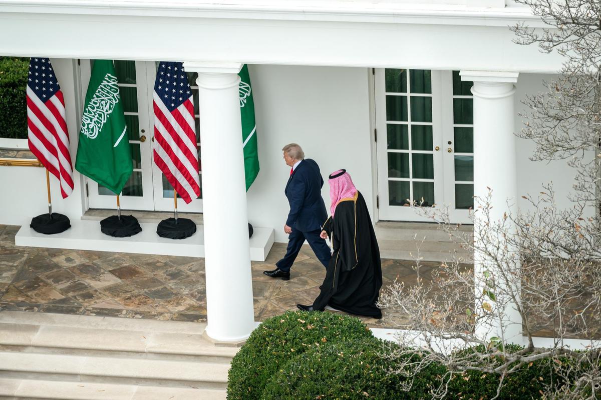 President Donald Trump welcomes Saudi Crown Prince and Prime Minister Mohammed bin Salman Al Saud at the South Portico of the White House