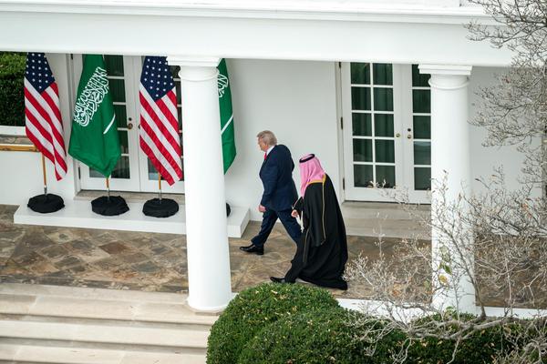 President Donald Trump welcomes Saudi Crown Prince and Prime Minister Mohammed bin Salman Al Saud at the South Portico of the White House