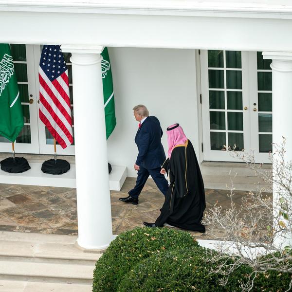 President Donald Trump welcomes Saudi Crown Prince and Prime Minister Mohammed bin Salman Al Saud at the South Portico of the White House