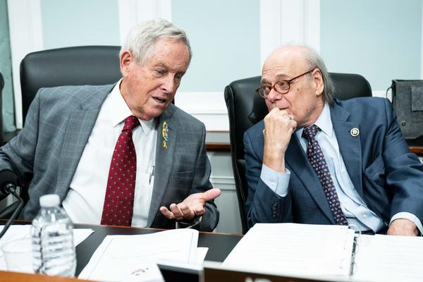 Rep. Joe Wilson (R-S.C.) speaking with Rep. Steve Cohen (D-Tenn.) at a meeting of the Commission on Security and Cooperation in Europe (a.k.a. U.S. Helsinki Commission) at the U.S. Capitol in Washington, DC, on Nov. 19, 2024.