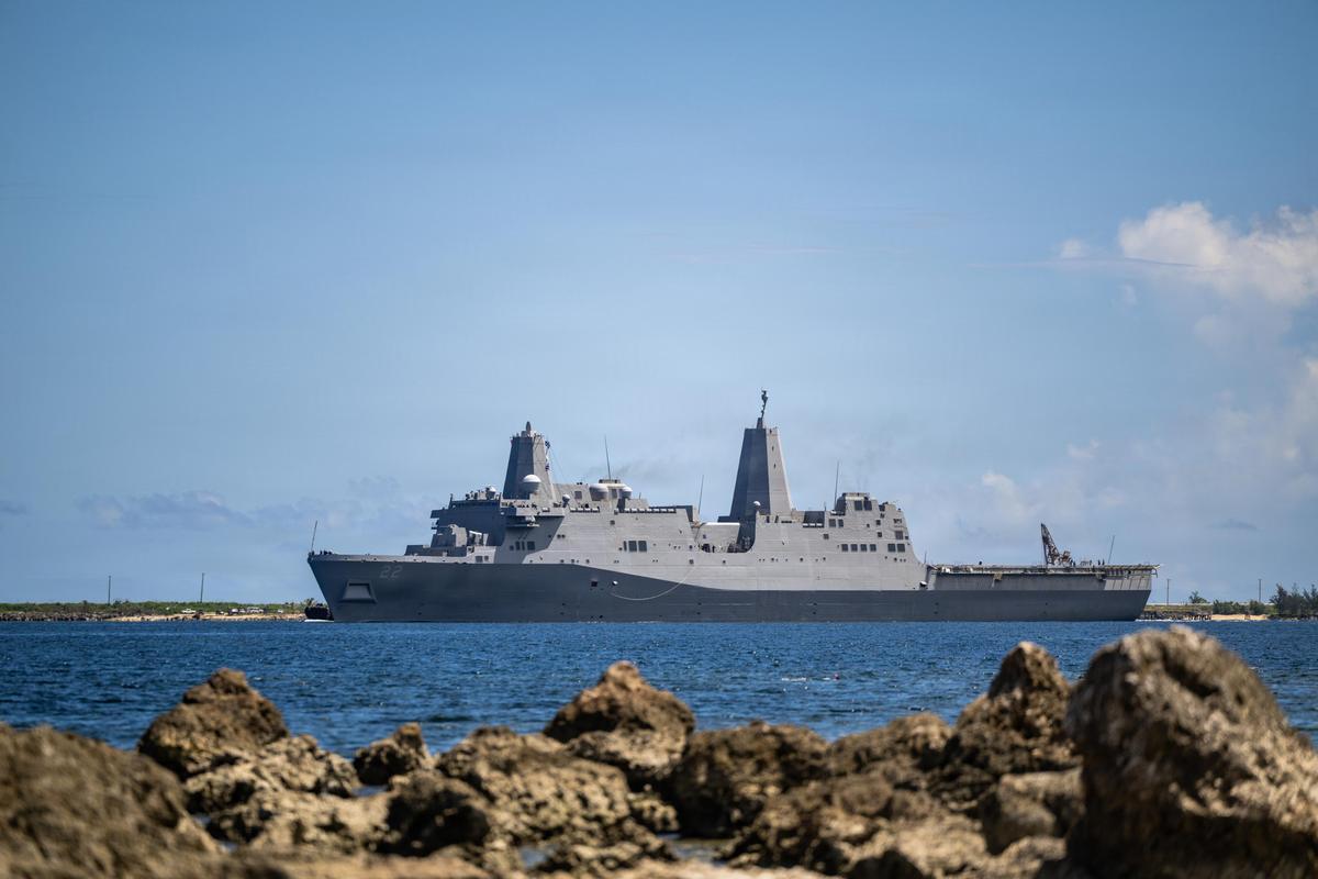 San Antonio-class amphibious transport dock San Diego (LPD 22) transits Apra Harbor at Naval Base Guam