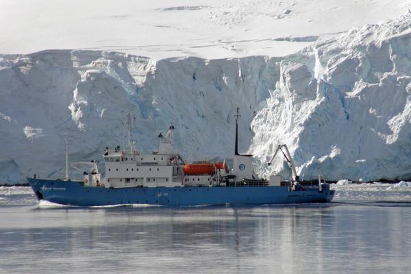 The Professor Molchanov sails in front of an ice sheet near Neko Harbor in Antarctica