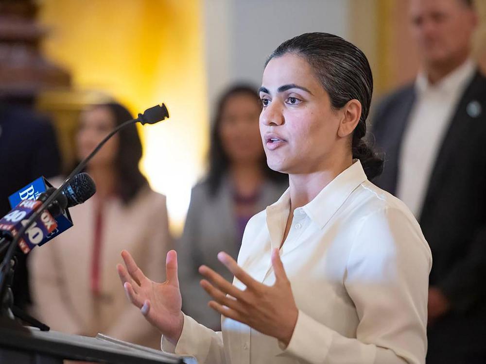 Then-State Sen. Aisha Wahab speaks to the crowd gathered during the Ramadan Iftar on April 10, 2023, at the state Capitol in downtown Sacramento, California
