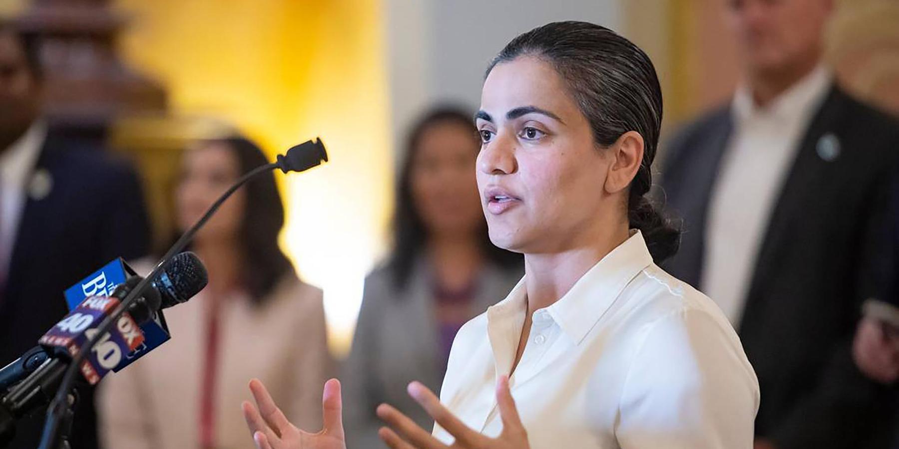 Then-State Sen. Aisha Wahab speaks to the crowd gathered during the Ramadan Iftar on April 10, 2023, at the state Capitol in downtown Sacramento, California