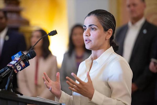 Then-State Sen. Aisha Wahab speaks to the crowd gathered during the Ramadan Iftar on April 10, 2023, at the state Capitol in downtown Sacramento, California