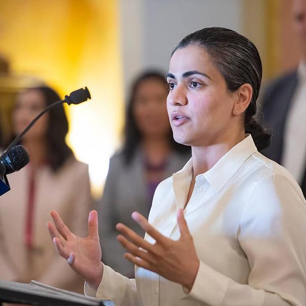 Then-State Sen. Aisha Wahab speaks to the crowd gathered during the Ramadan Iftar on April 10, 2023, at the state Capitol in downtown Sacramento, California