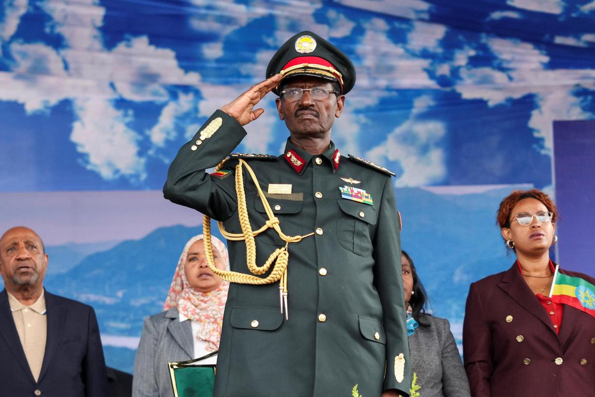 thiopian Chief of the General Staff of the Ethiopian National Defence Force (ENDF), Field Marshal Birhanu Jula, salutes as he attends a public rally dubbed "Ethiopia Can", marking the completion of the Grand Ethiopian Renaissance Dam in Addis Ababa, Ethiopia