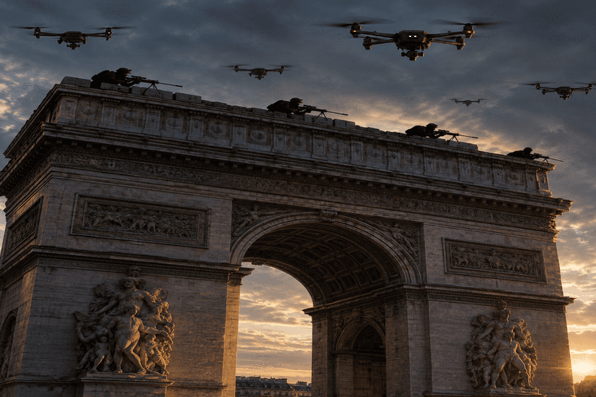 truimphal arch with drones and snipers