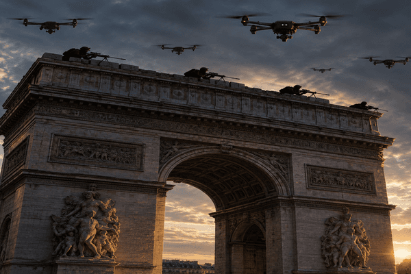 truimphal arch with drones and snipers