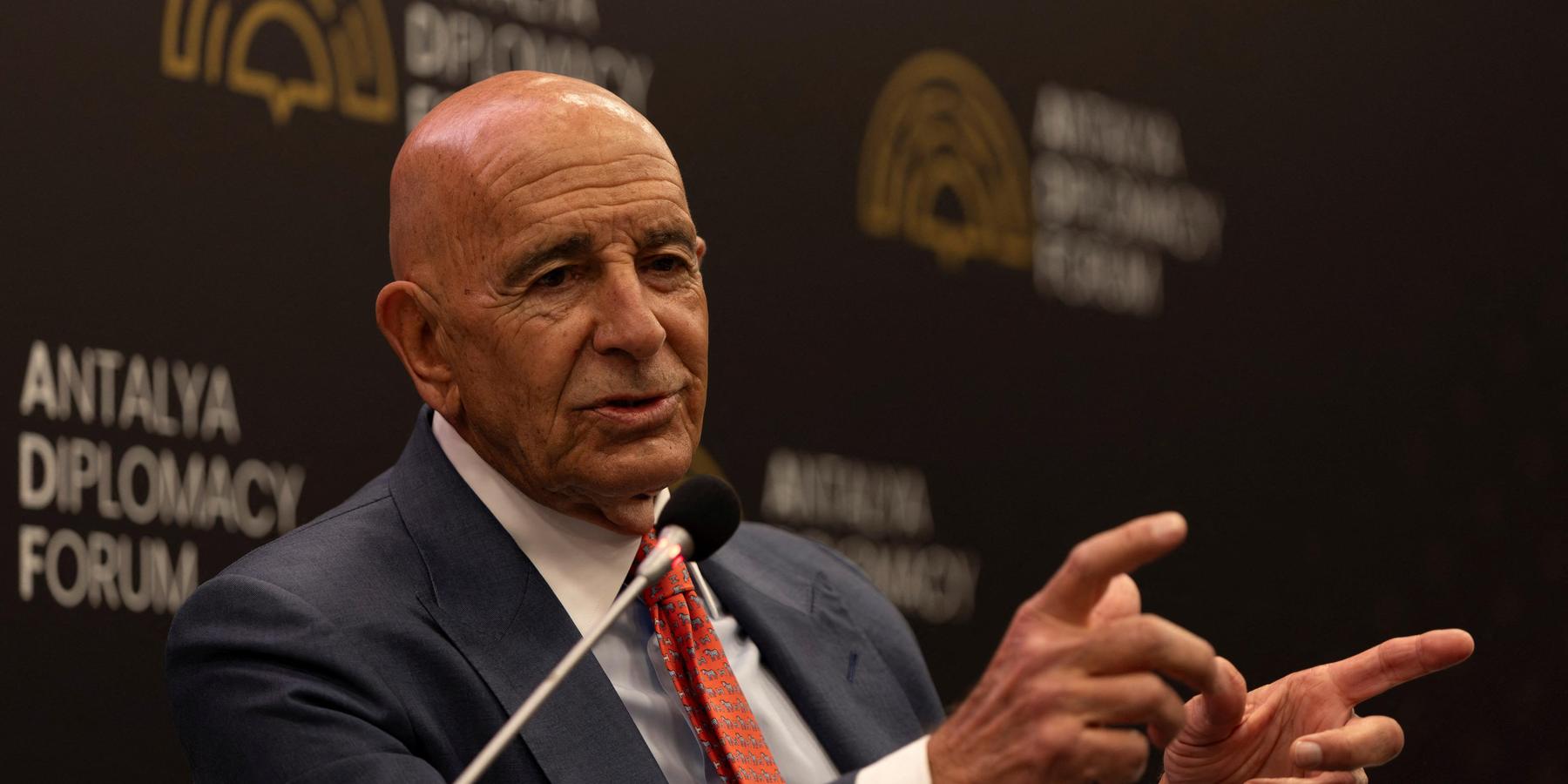U.S. Special Envoy for Syria and Ambassador to Turkey Tom Barrack speaks during a session at Antalya Diplomacy Forum in Antalya, Turkey