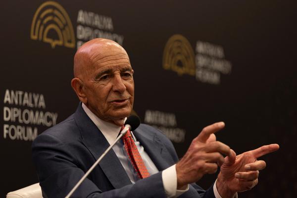 U.S. Special Envoy for Syria and Ambassador to Turkey Tom Barrack speaks during a session at Antalya Diplomacy Forum in Antalya, Turkey