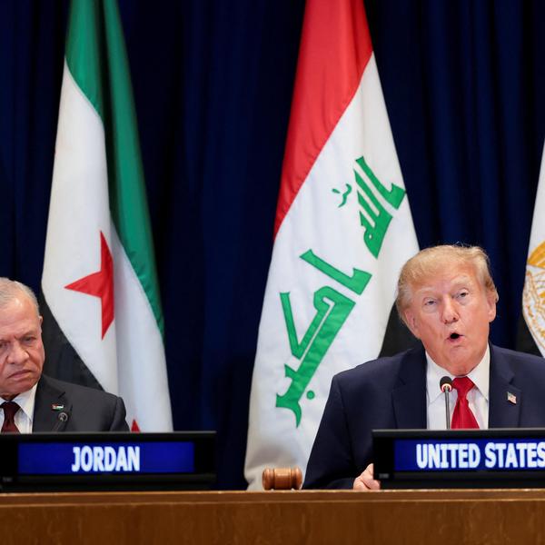 US President Donald Trump speaks next to Jordan's King Abdullah II during a multilateral meeting with leaders from the Gulf Cooperation Council